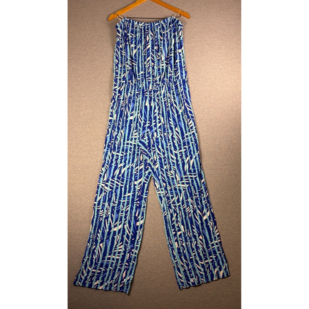 Lilly Pulitzer Tia Strapless Jumpsuit XL Blue Wide Leg 14311 Tropical Print